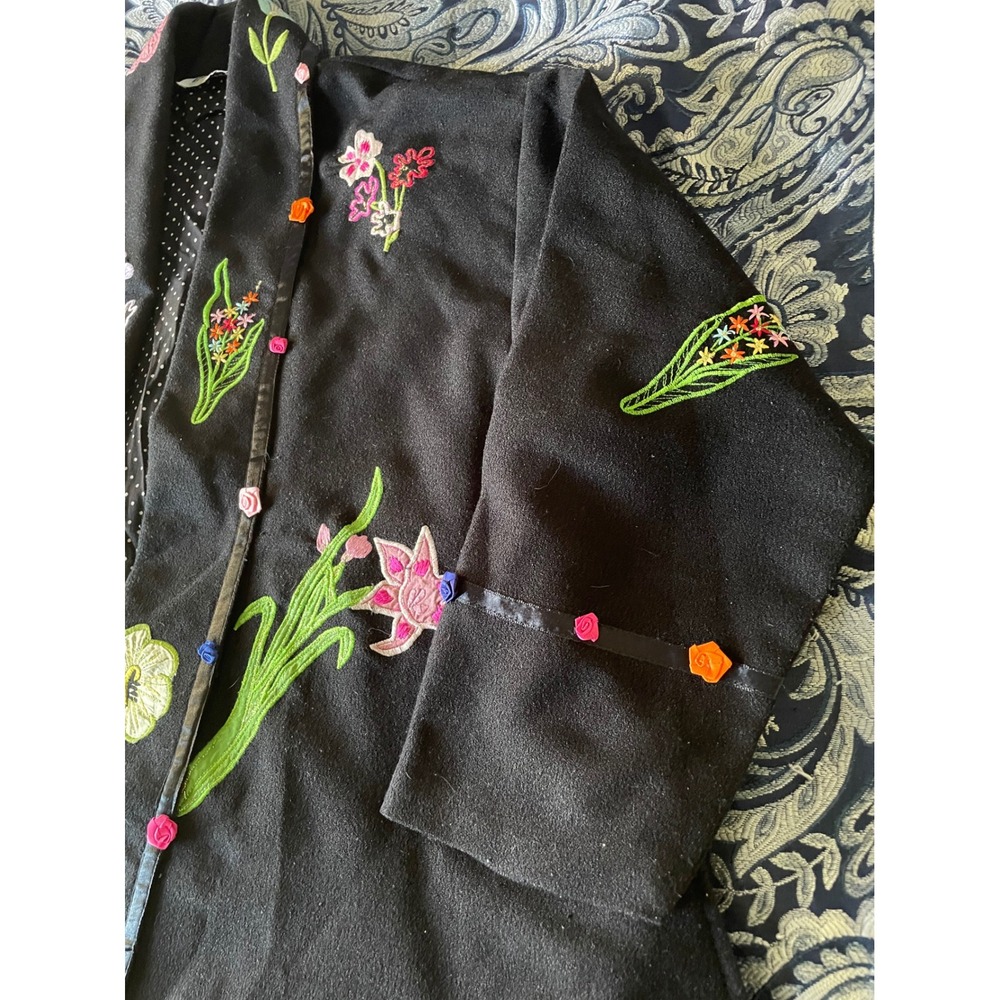Anage Black Floral Embroidered Open Front Jacket 3D Ribbon Flowers Polka Dot OS‎ - Picture 9 of 16